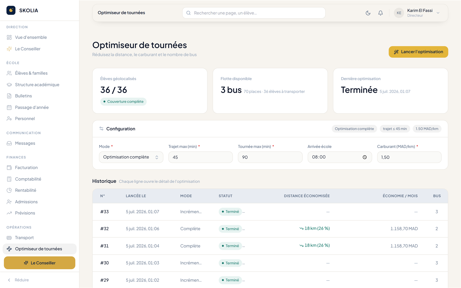 Optimiseur de tournées Skolia — carte des itinéraires de bus